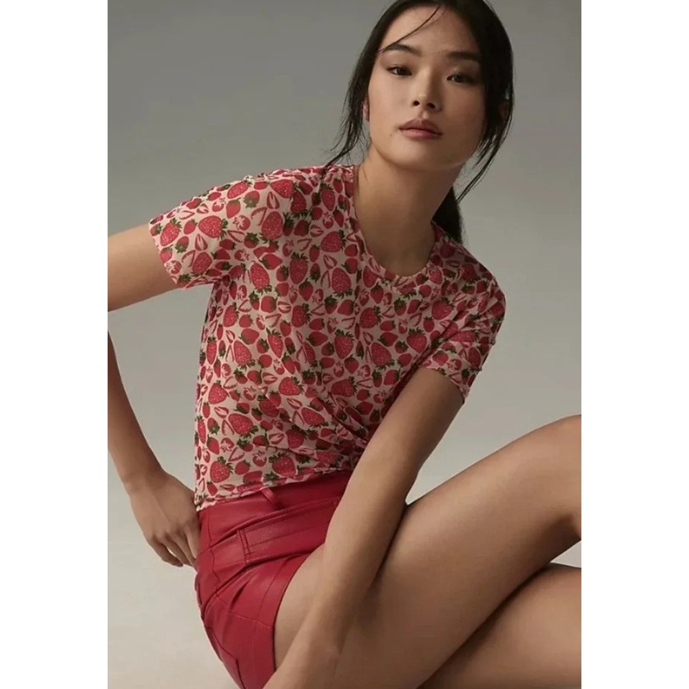 Anthropologie Porridge Mesh Tee in Strawberry Print Girlhood